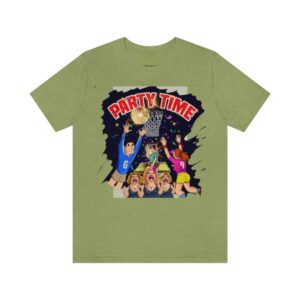 A green t-shirt with an image of people.