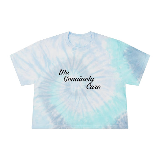 A blue and white tie dye shirt with the words " be genuinely clear ".