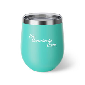 A turquoise cup with the words " the community care ".