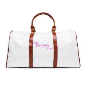 A white duffel bag with brown handles and pink lettering.