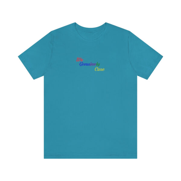 A blue t-shirt with the word " rainbow " written on it.