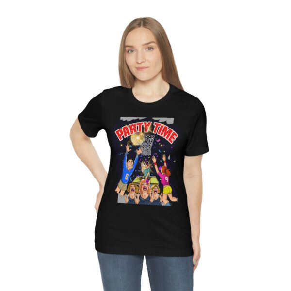 A woman wearing a black t-shirt with cartoon characters on it.