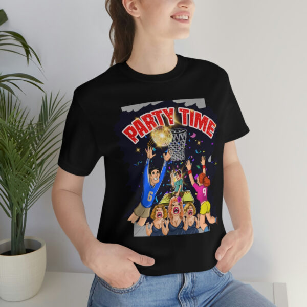 A woman wearing jeans and a t-shirt with the movie party time.