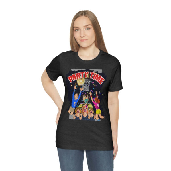 A woman wearing a black t-shirt with cartoon characters on it.