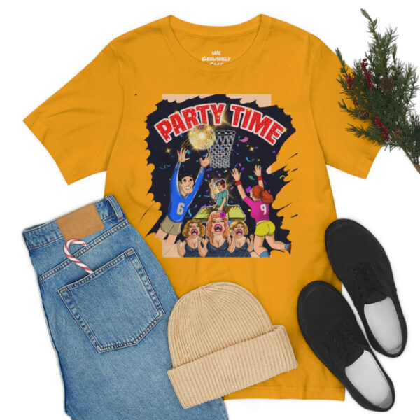 A yellow shirt and jeans with shoes, hat and christmas tree.