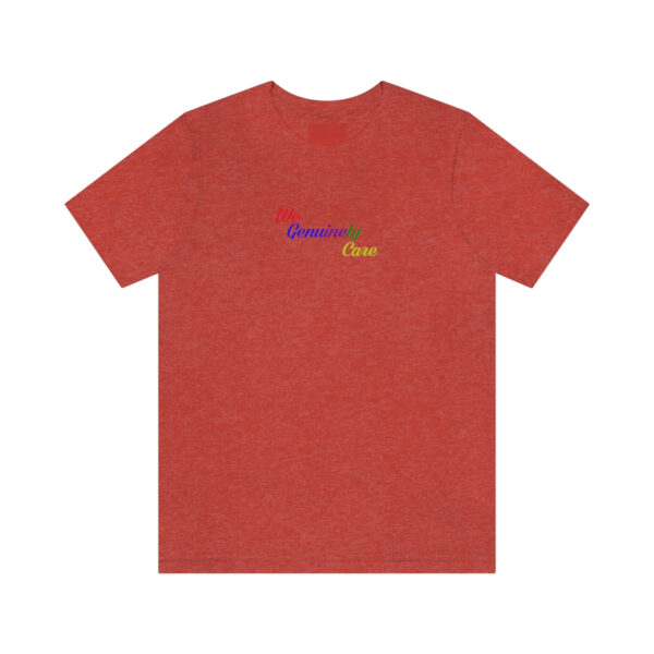 A red t-shirt with the words " rainbow " on it.