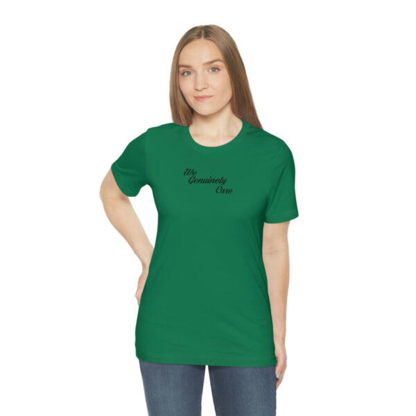 A woman wearing a green t-shirt with the words " tomorrow is today ".