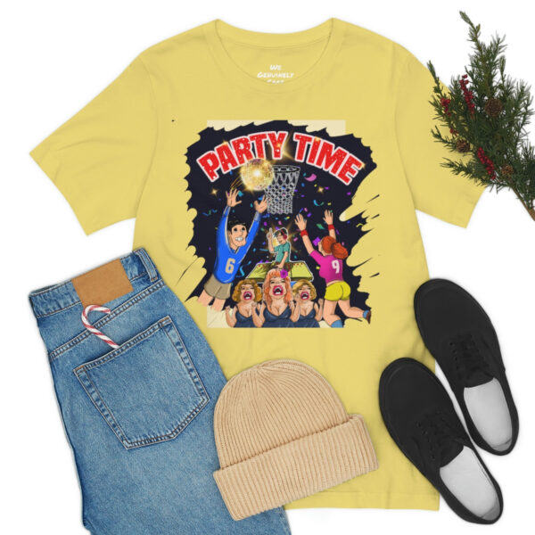 A yellow shirt and jeans with shoes, hat and christmas tree.