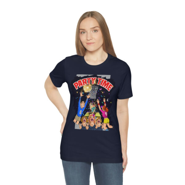 A woman wearing a black t-shirt with cartoon characters on it.