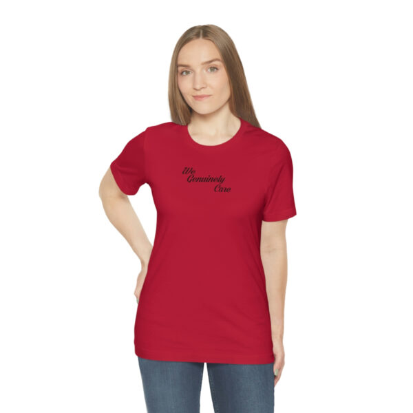 A woman wearing a red t-shirt with the words " tomorrow is today ".