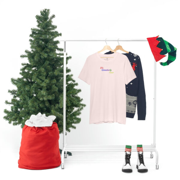 A christmas tree and clothes hanging on a rack.