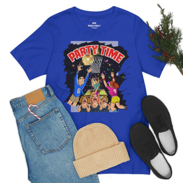 A blue shirt and jeans with shoes, hat and christmas tree.