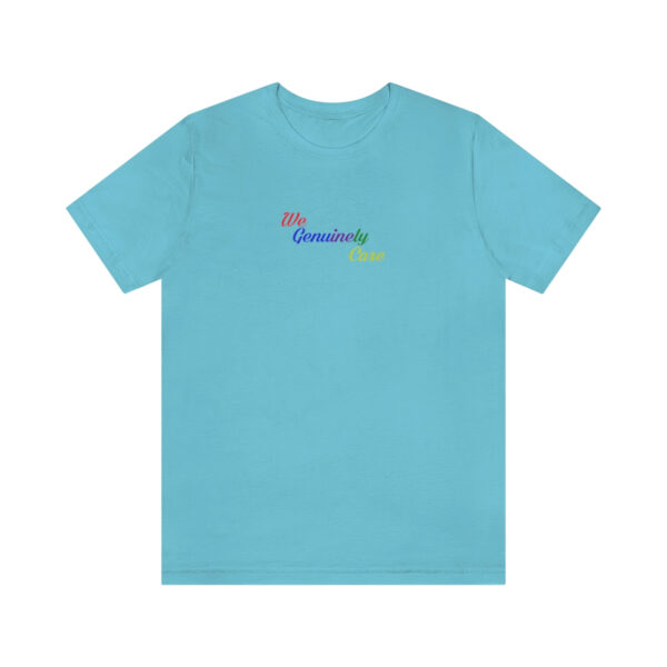 A blue t-shirt with the word " rainbow ".