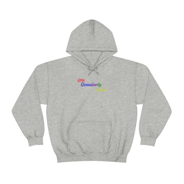 A gray hoodie with the word " namaste " written in rainbow colors.