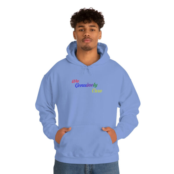 A man in a blue hoodie with the words " grandma 's place ".