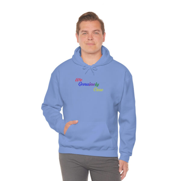 A man in a blue hoodie with the word " rainbow ".