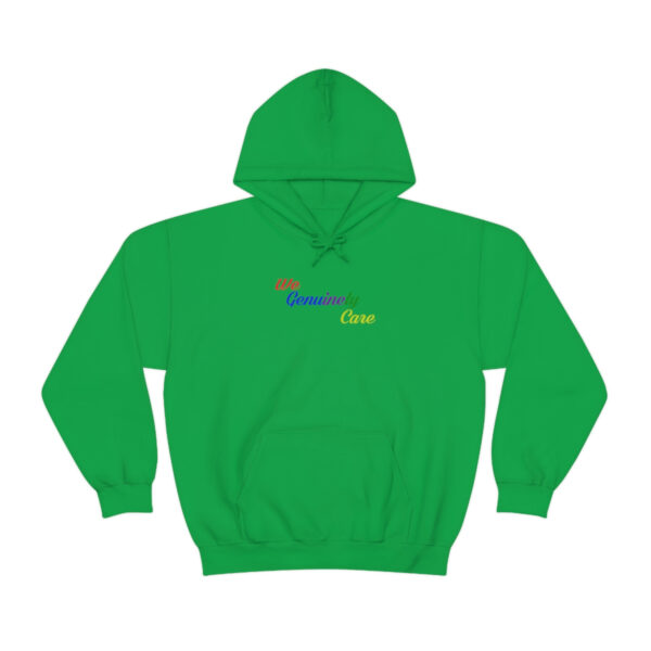 A green hoodie with the word " neon " on it.