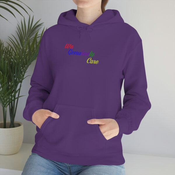 A woman is wearing a purple hoodie with the word " dear ".