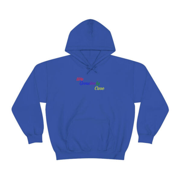 A blue hoodie with a colorful logo on the front.