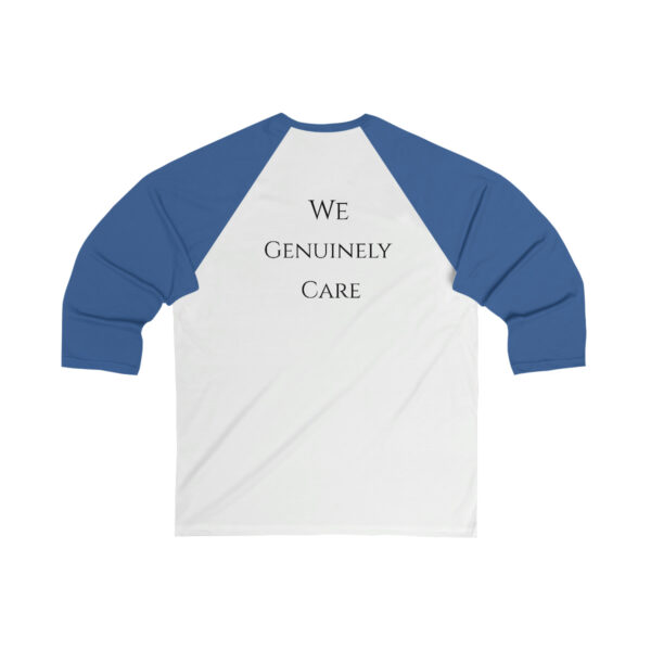 A white and blue baseball shirt with the words we genuinely care