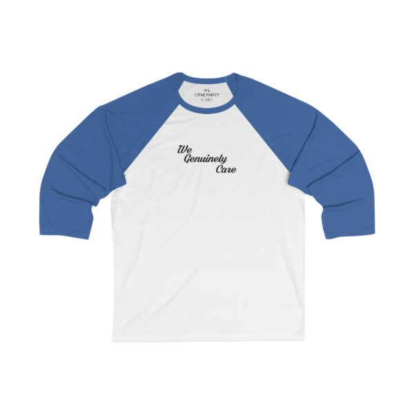 A white and blue baseball shirt with the words " my broadway crew ".