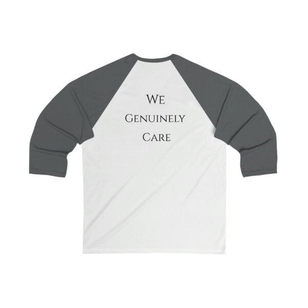 A white and gray baseball shirt with the words we genuinely care