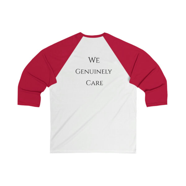 A red and white baseball shirt with the words we genuinely care