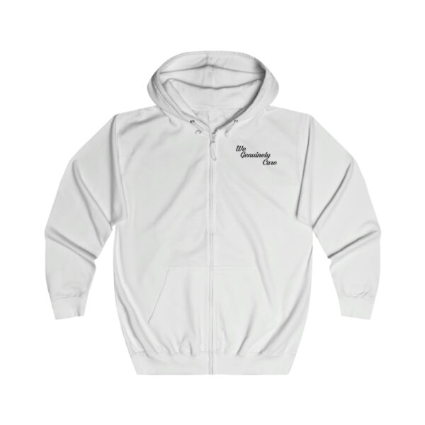 A white zip up hoodie with the words " everyone is awesome ".