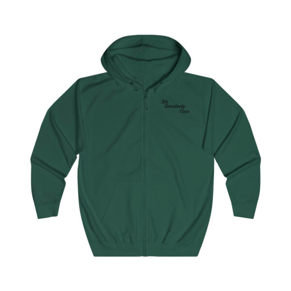 A green hoodie with a black logo on it