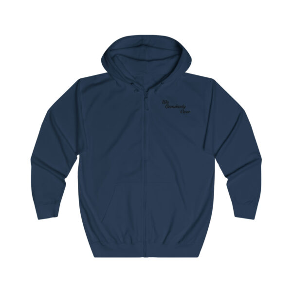 A navy blue hoodie with a black logo on the front.