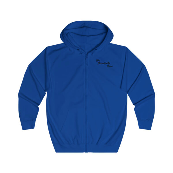 A blue hoodie with a black logo on it