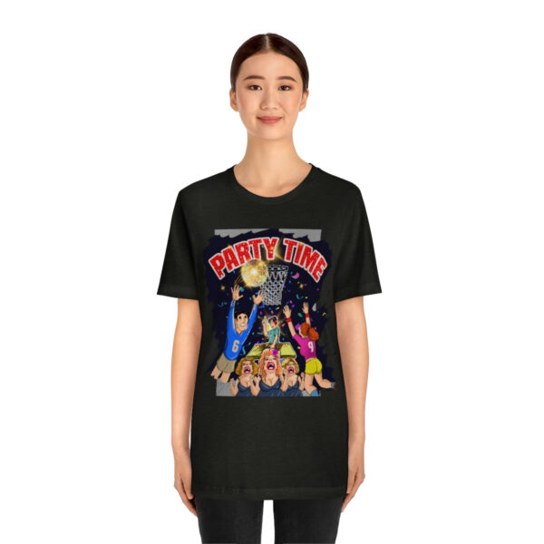 A woman wearing black t-shirt with cartoon picture of darth vader.