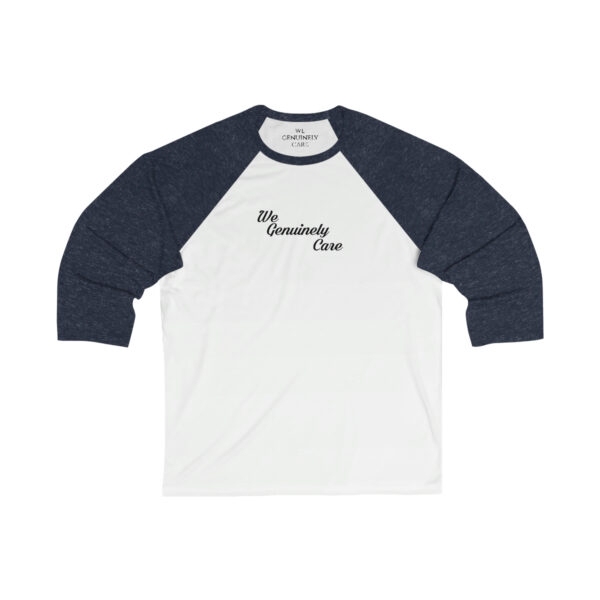 A white and blue baseball shirt with the words " my broadway crew ".