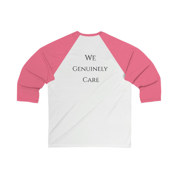 A white and pink shirt with the words we genuinely care