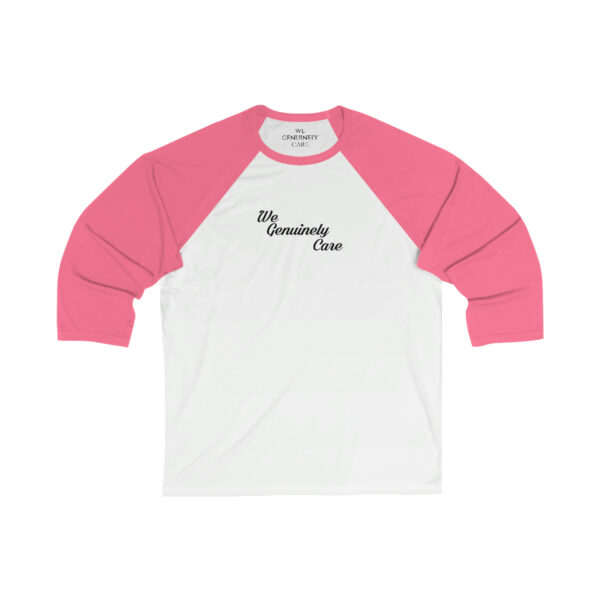 A white and pink baseball shirt with the words " my broadway crew ".