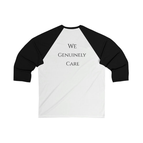 A white and black baseball shirt with the words we genuinely care