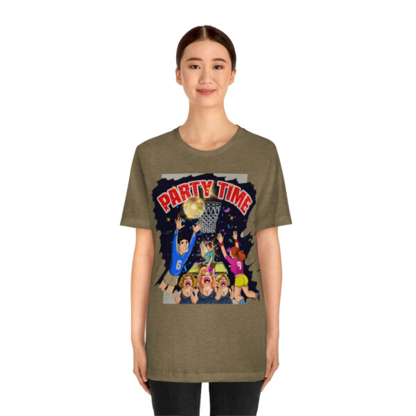 A woman wearing a t-shirt with an image of the beatles.