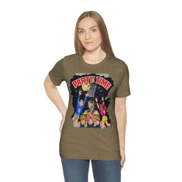 A woman wearing brown t-shirt with cartoon picture of people.