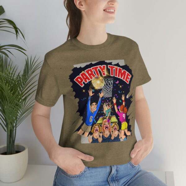 A woman wearing jeans and a t-shirt with the words party time on it.