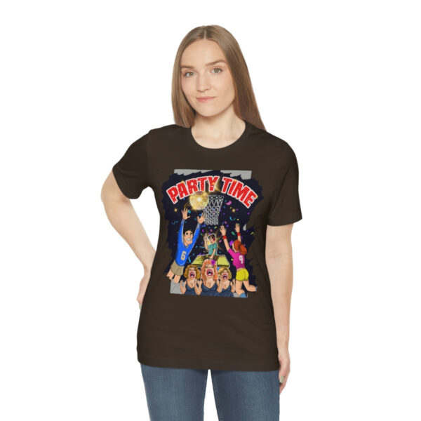 A woman wearing a black t-shirt with cartoon characters on it.