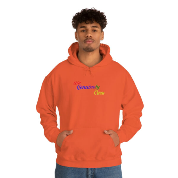 A man in an orange hoodie with the words " america one ".