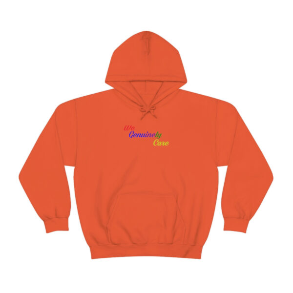 A orange hoodie with the word " somewhere " on it.