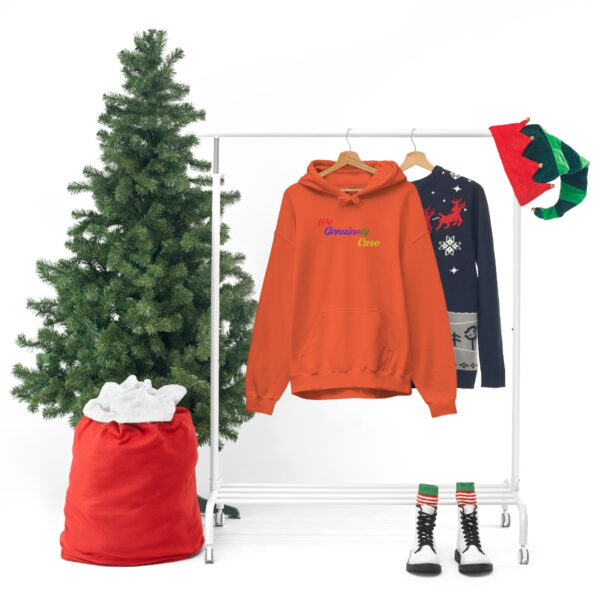 A clothes rack with a hoodie and christmas tree.