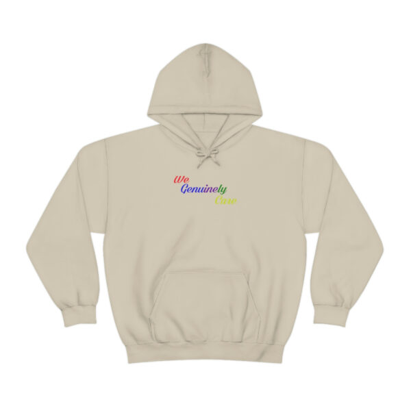 A beige hoodie with the word dreamers written in rainbow colors.