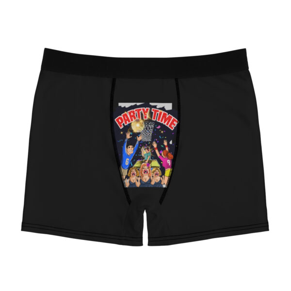 A black boxers shorts with a picture of people.