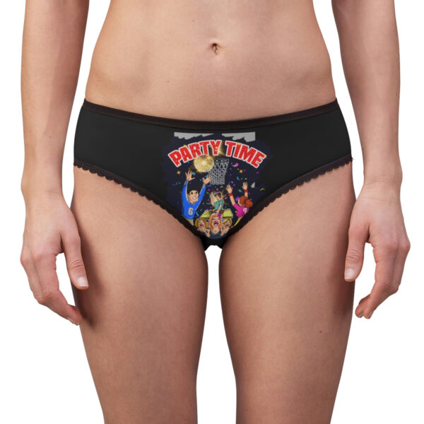 A woman wearing black underwear with the words super hero on it.