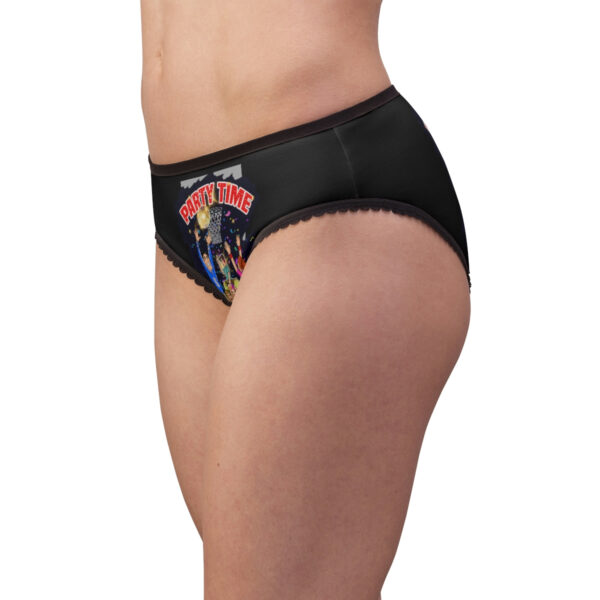 A woman wearing black underwear with the words " harley quinn " on it.