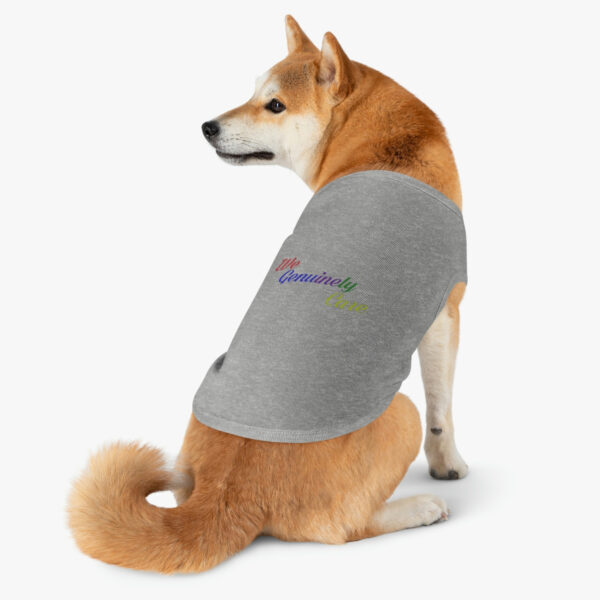 A dog sitting on its back legs wearing a gray shirt.