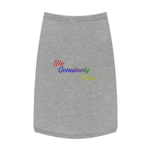 A gray skirt with the words " we genuinely care ".