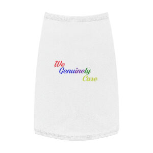 A white skirt with the words " we genuinely care ".